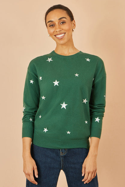 Yumi Green Gold Foil Star Print Relaxed Fit Jumper