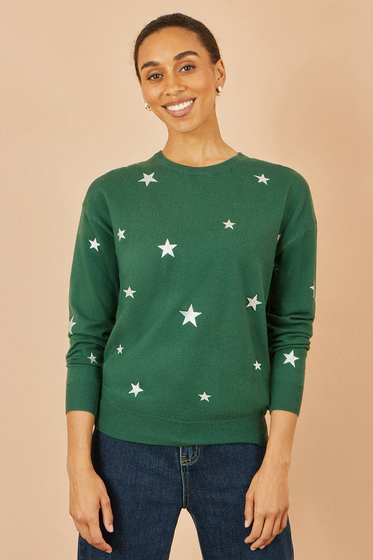 Yumi Green Gold Foil Star Print Relaxed Fit Jumper