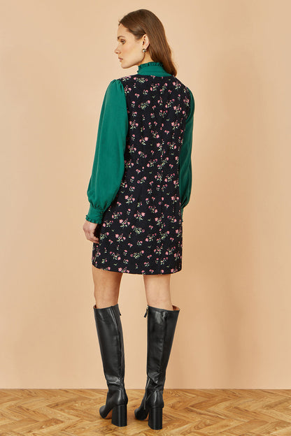 Yumi Black Floral Print Pinafore Dress With Button Up