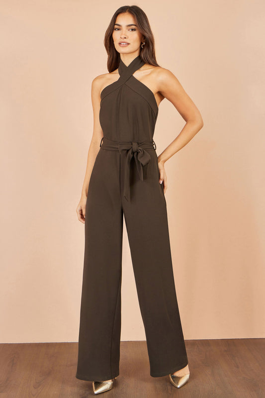 Women’s Yumi Brown Cross Over Halter Neck Jumpsuit