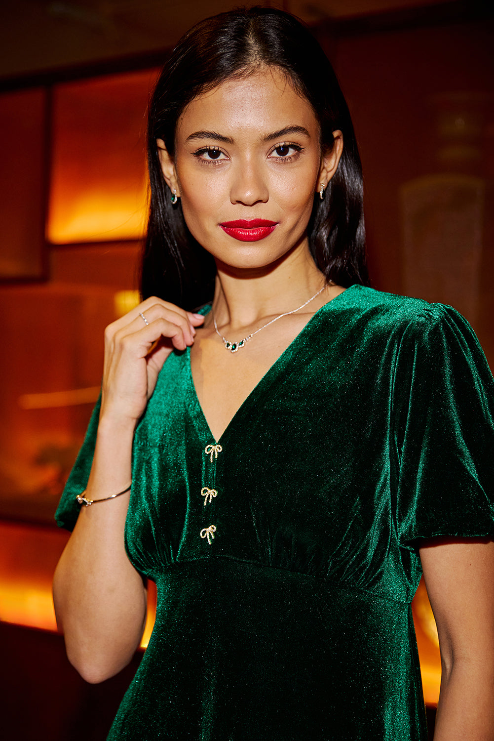 Yumi Green Velvet Skater Dress With Dimante Bow Detail