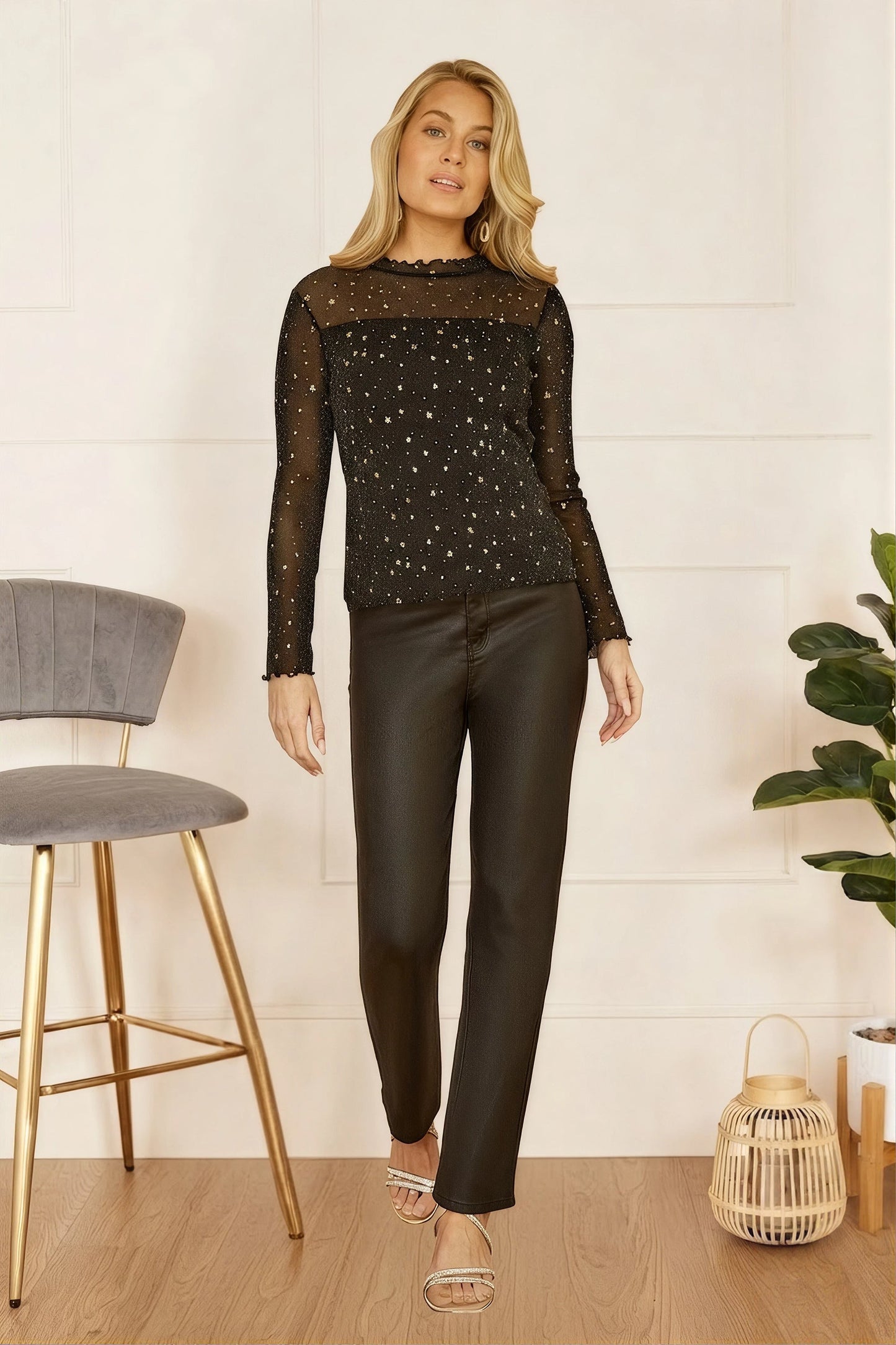 Yumi Black Mesh Star Print Long Sleeve Top