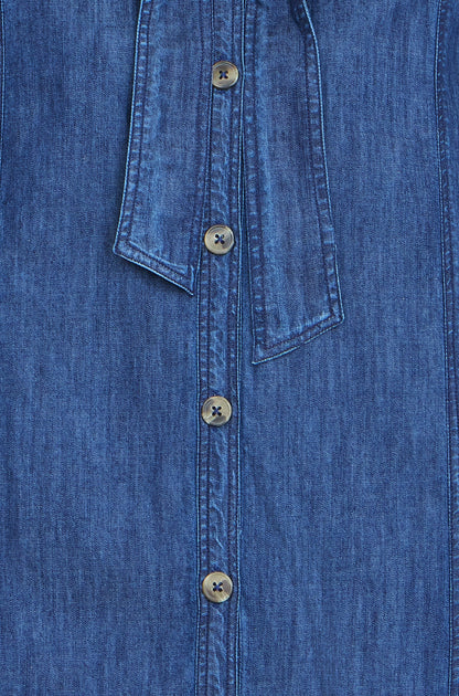 Yumi Blue Chambray Tunic With Pussy Bow Tie