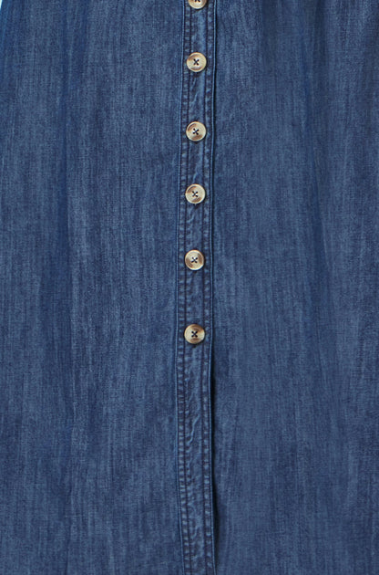 Yumi Blue Chambray Cotton Ruched Midi Sun Dress