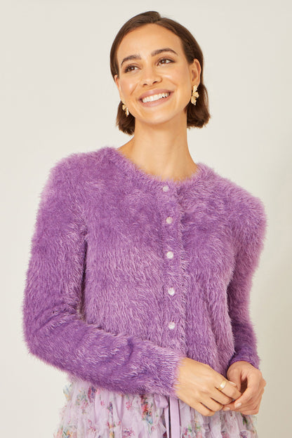 Yumi Lavender Eyelash Knit Cropped Cardigan