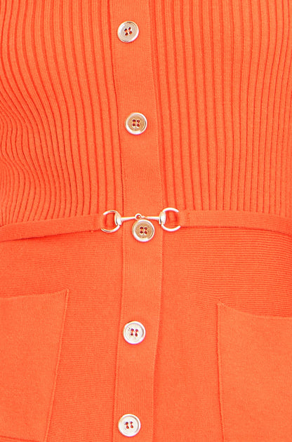 Yumi Orange Rib Knitted Skater Dress With Buckle Detail