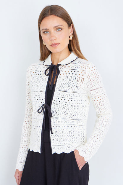 Yumi Ivory Crochet Knitted Cardigan With Peter Pan Collar