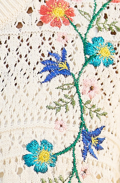 Yumi Ivory Crochet Knitted Tie Front Cardigan With Floral Embroidery