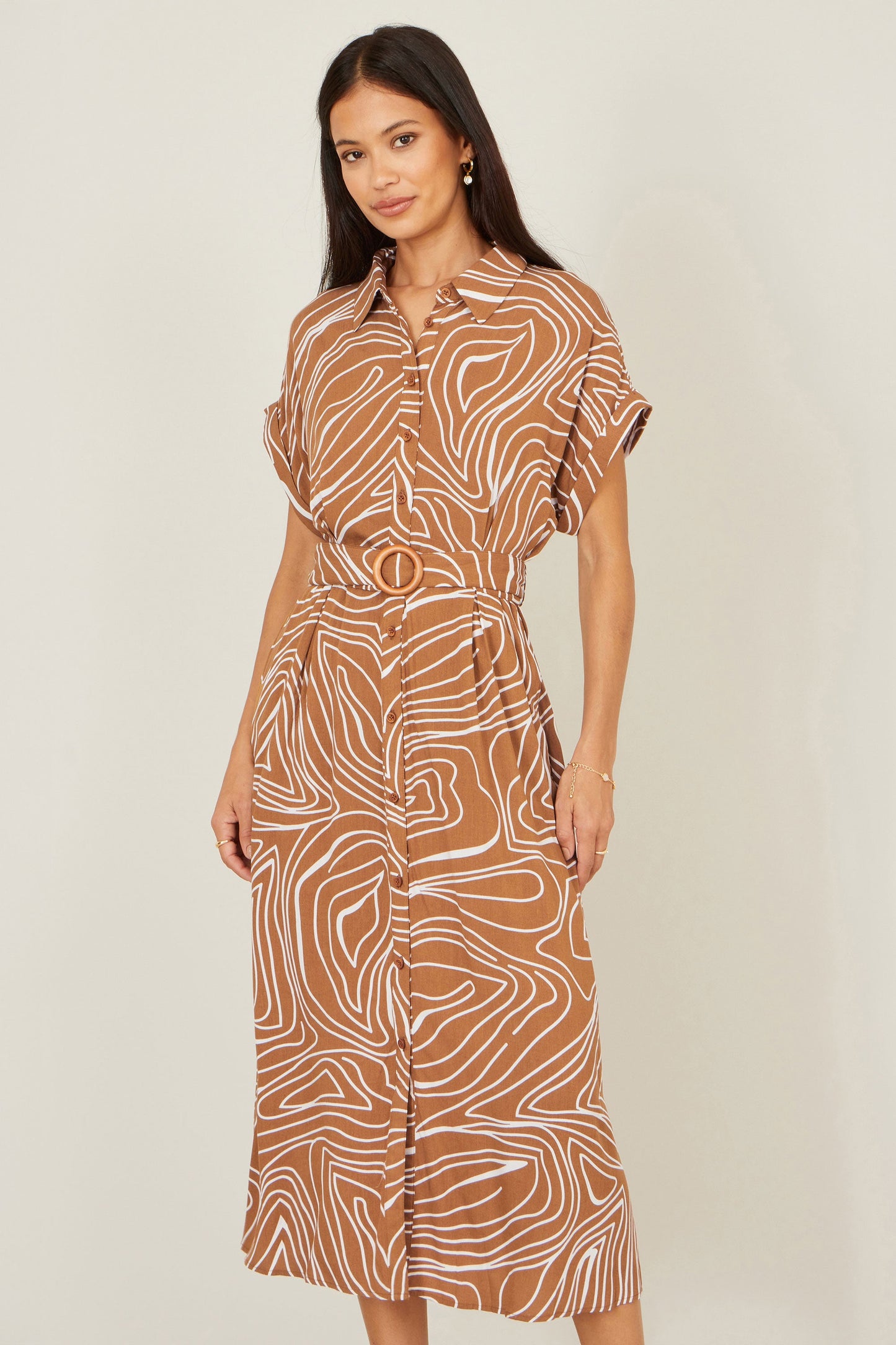 Yumi Brown Abstract Swirl Print Relaxed Midi Shirt Dress With Belt
