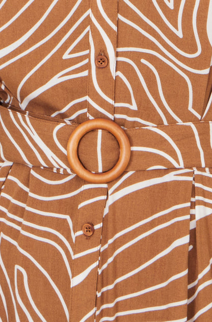 Yumi Brown Abstract Swirl Print Relaxed Midi Shirt Dress With Belt