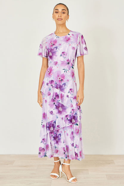 Yumi Lavender Floral Print Frill Midi Dress