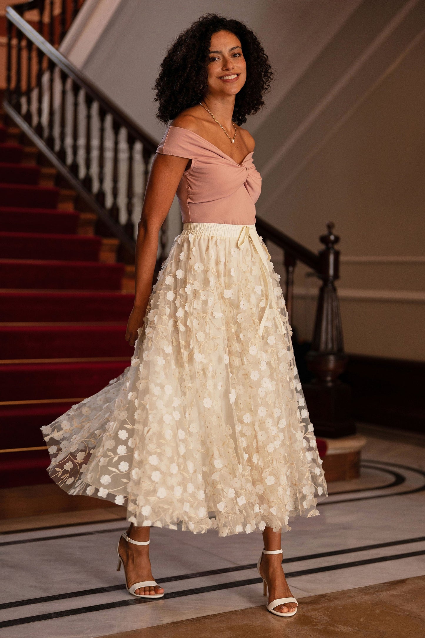 Yumi Ivory Mesh Floral Applique Midi Skirt