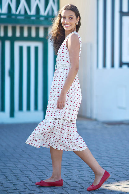 Yumi White Cherry Print Lace Trim Cotton Midi Dress