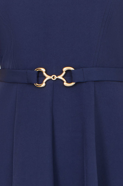 Yumi Navy Skater Dress With Puff Sleeves And Buckle Detail