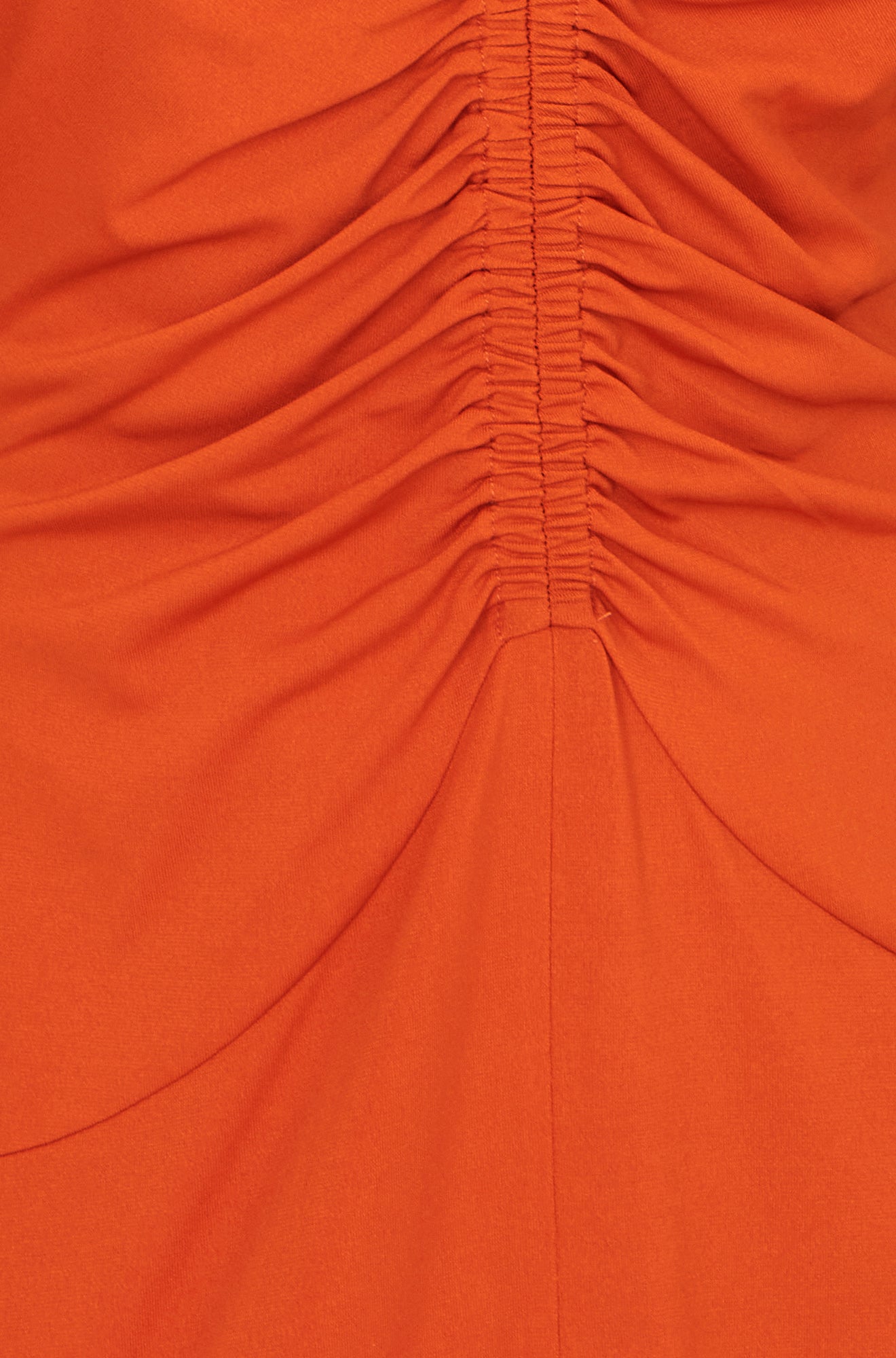 Yumi Orange Ruched Front Stretch Midi Dress
