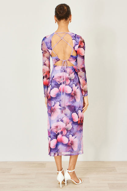 Yumi Purple Floral Mesh Midi Dress With Tie Back