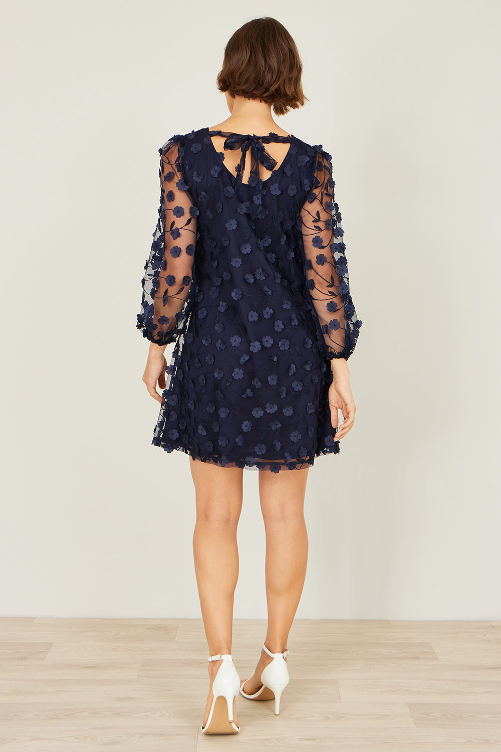 Yumi Navy Long Sleeve Floral Applique Tunic