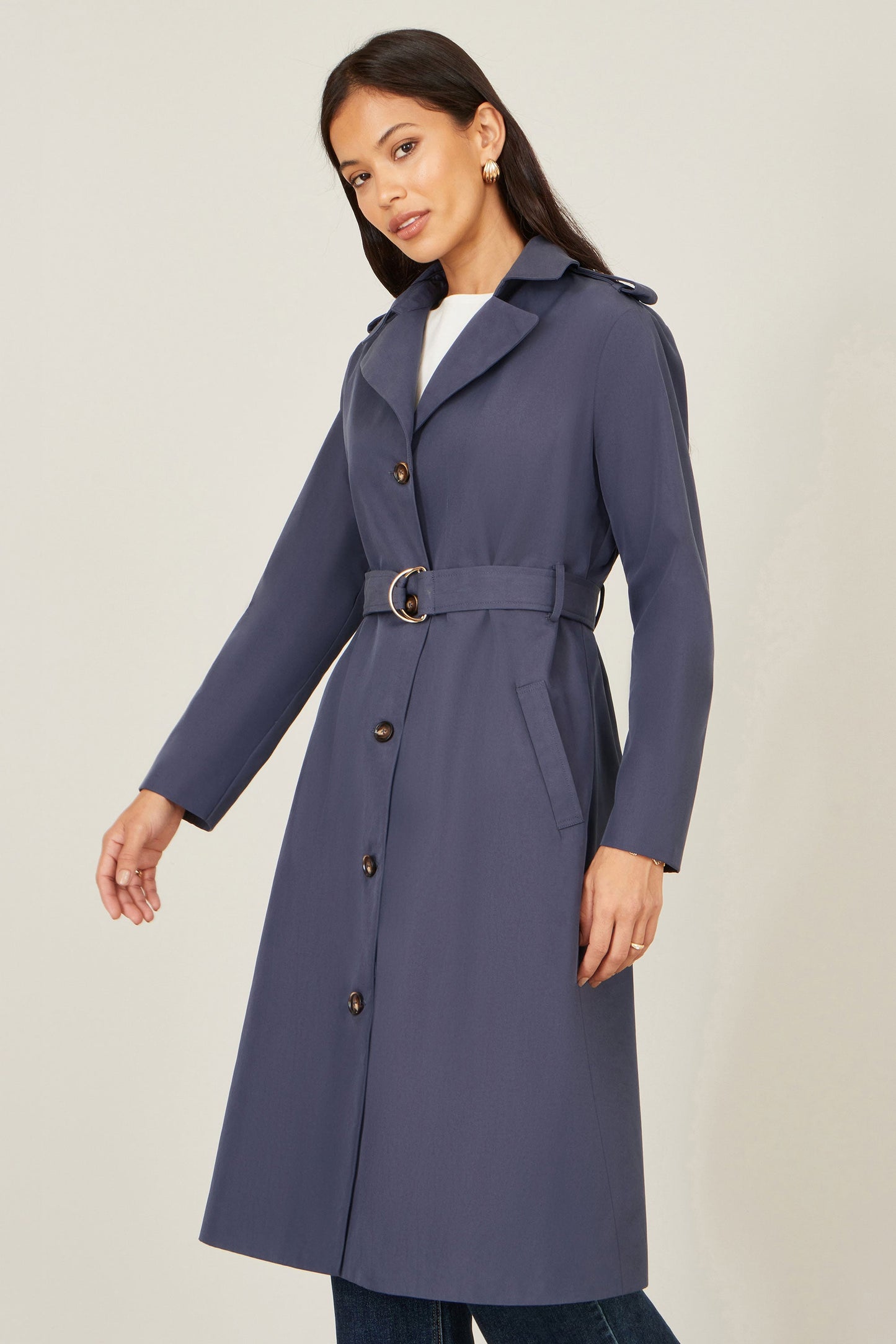 Yumi Navy Belted Long Trench Coat With Belt