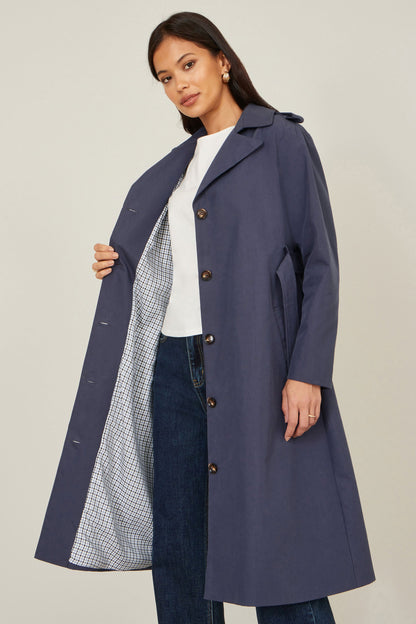 Yumi Navy Belted Long Trench Coat With Belt