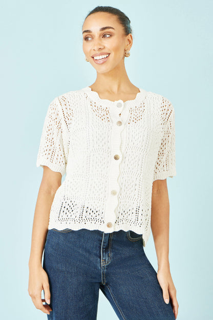 Yumi White Crochet Short Sleeve Cardigan
