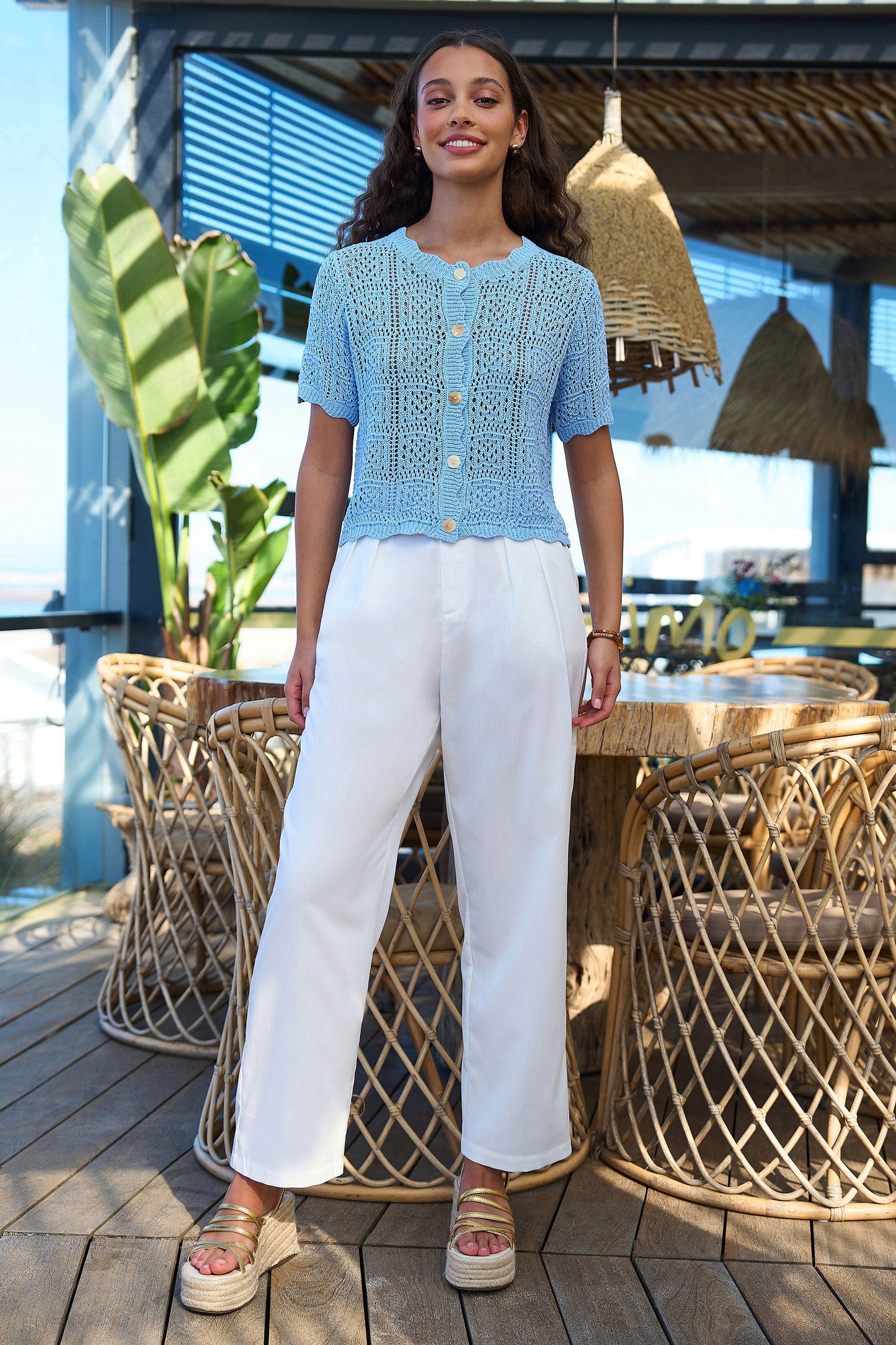 Yumi Blue Crochet Short Sleeve Cardigan