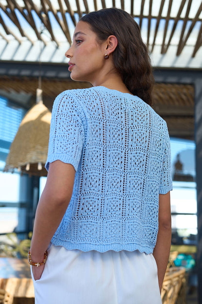 Yumi Blue Crochet Short Sleeve Cardigan