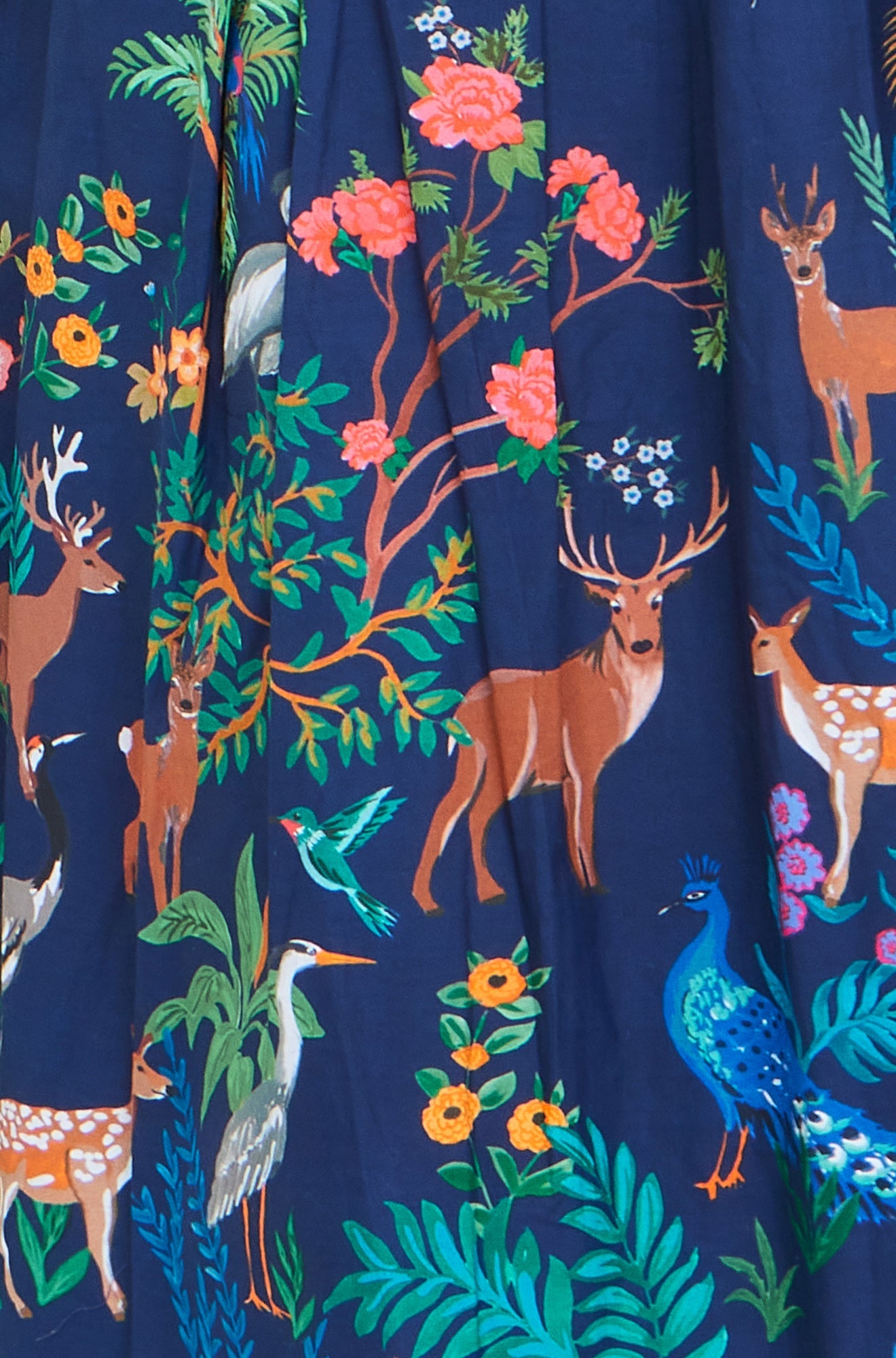 Yumi Navy Woodland Animal Print Cotton Midi Skater Dress