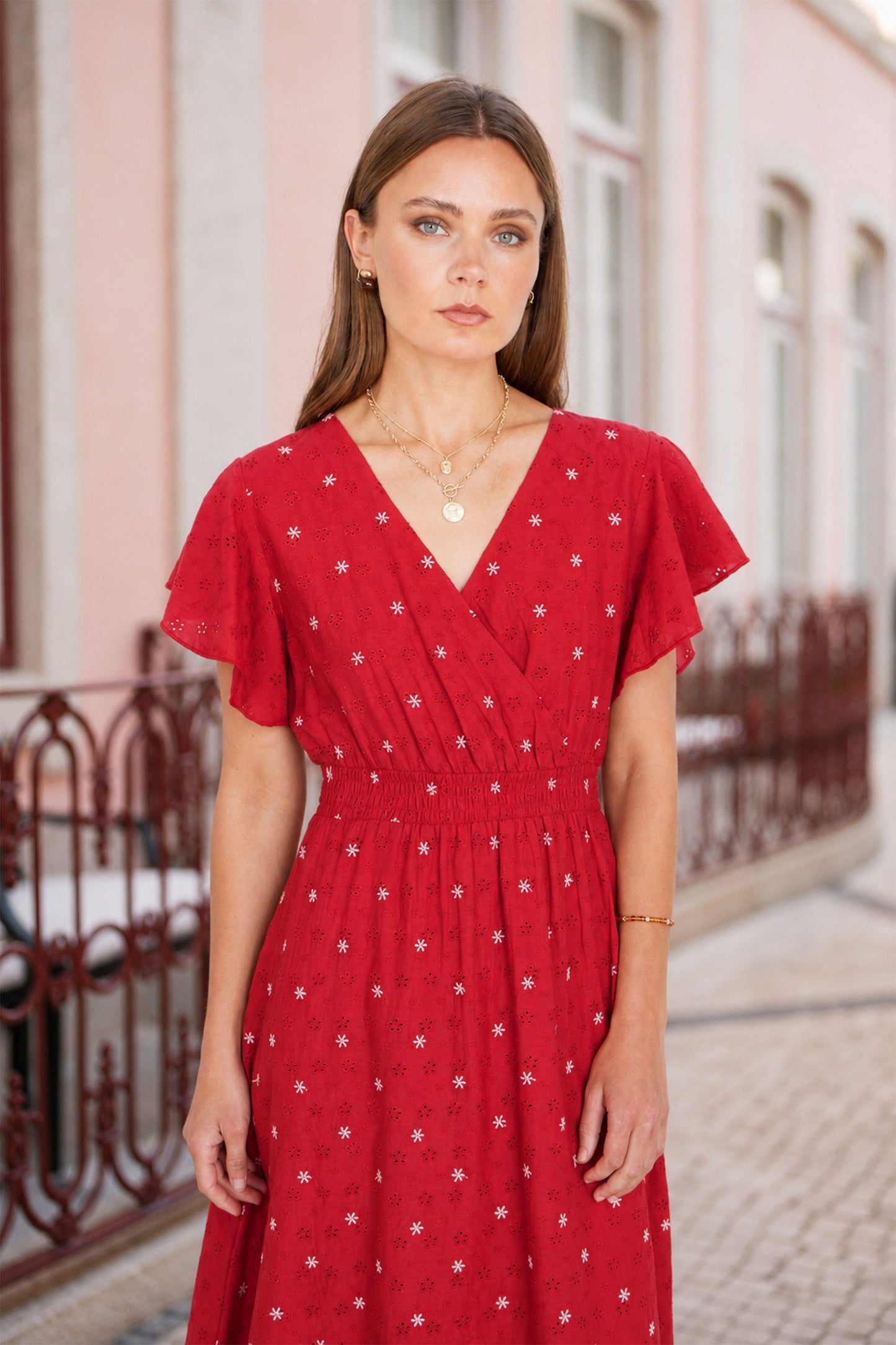 Yumi Red Broderie Anglaise Wrap Midi Dress With Flower Embroidery