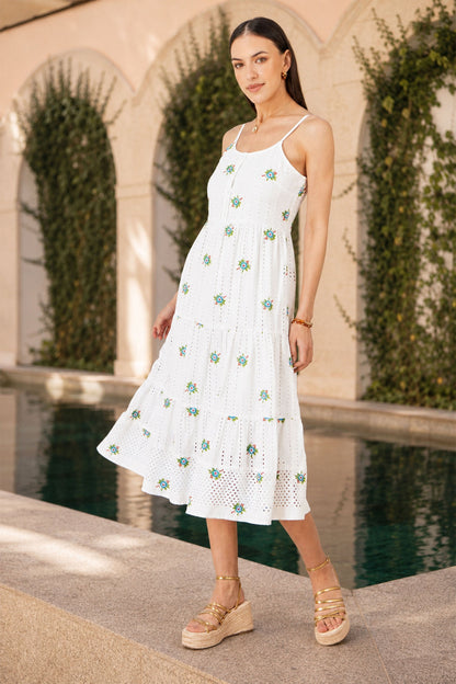 Yumi White Cotton Embroidered Broderie Anglaise Midi Sun Dress