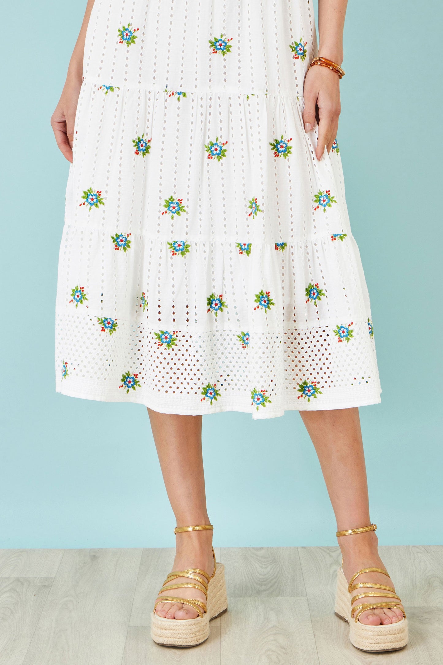 Yumi White Cotton Embroidered Broderie Anglaise Midi Sun Dress