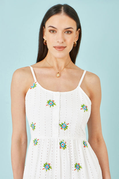 Yumi White Cotton Embroidered Broderie Anglaise Midi Sun Dress