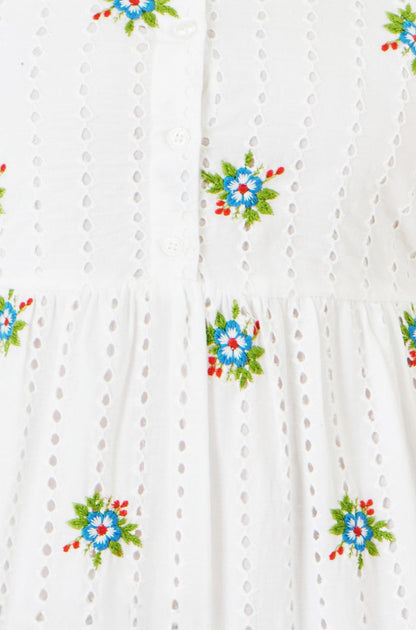 Yumi White Cotton Embroidered Broderie Anglaise Midi Sun Dress