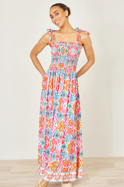 Yumi Multicolour Ikat Print Maxi Viscose Sun Dress