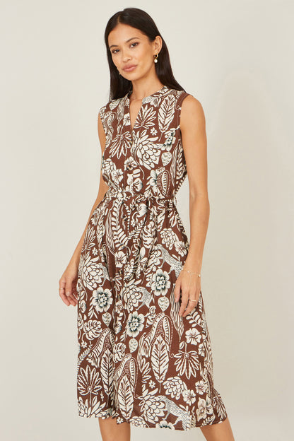 Yumi Brown Leaf Print Shirt Dress