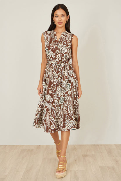 Yumi Brown Leaf Print Shirt Dress