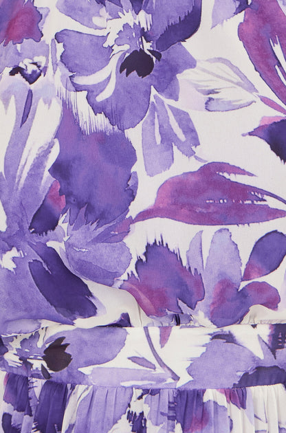 Yumi Purple Abstract Floral Halter Neck Pleated Midi Dress