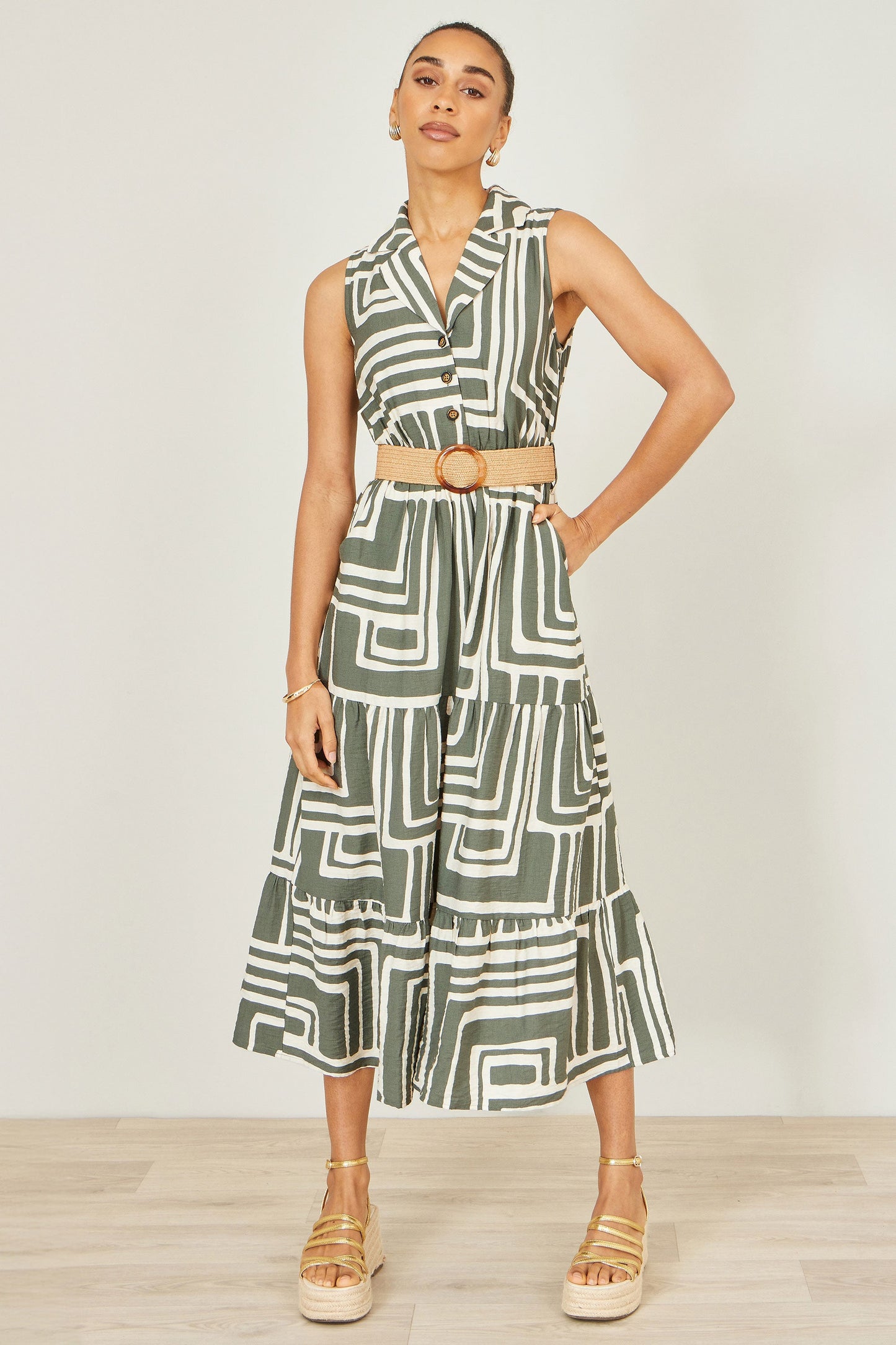 Yumi Green Viscose Geo Print Midi Shirt Dress With Matching Belt