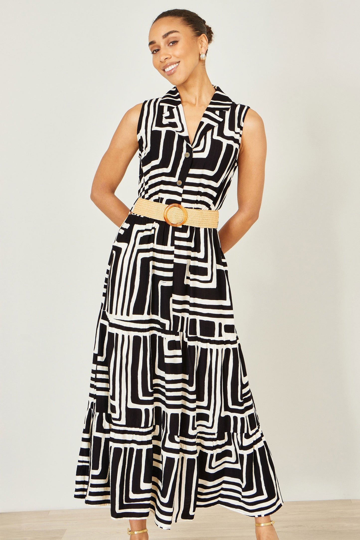 Yumi Black Viscose Geo Print Midi Shirt Dress With Matching Belt