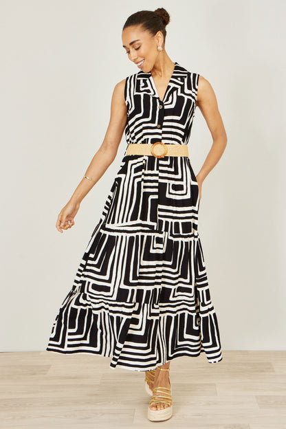 Yumi Black Viscose Geo Print Midi Shirt Dress With Matching Belt