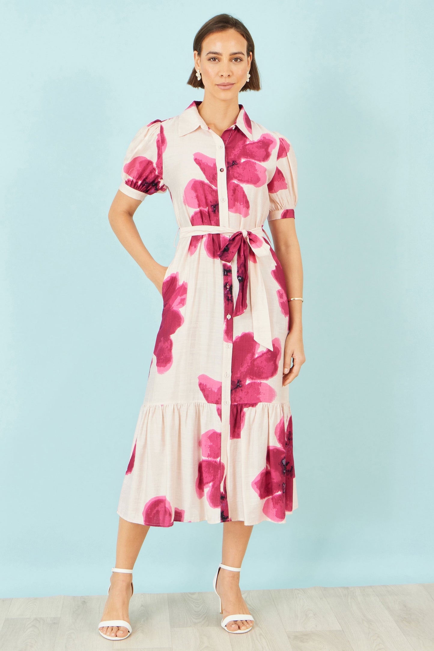 Yumi Pink Scattered Floral Shirt Dress