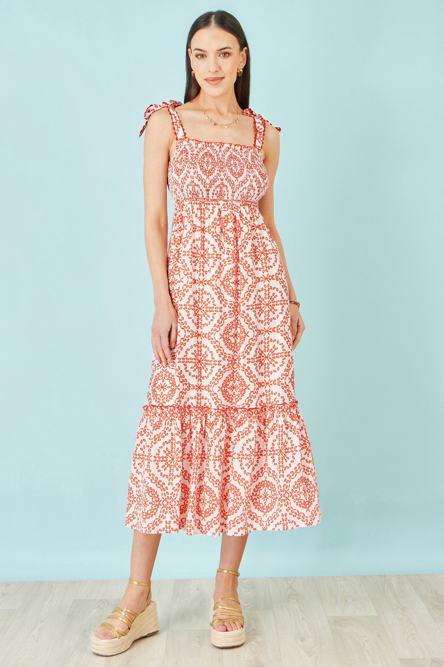 Yumi Red Viscose Ruched Tie Strap Midi Sun Dress