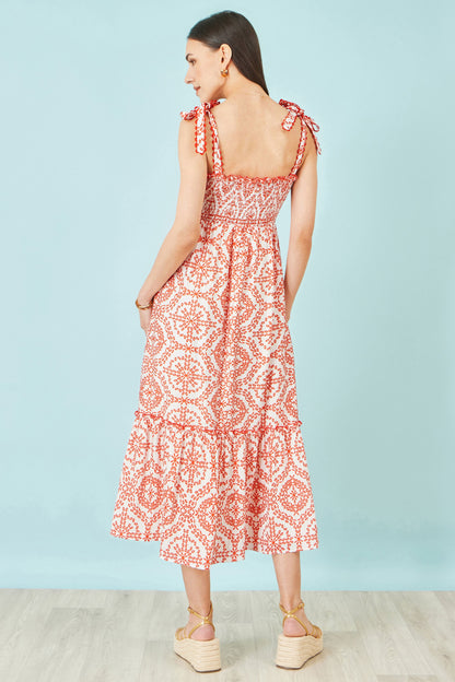 Yumi Red Viscose Ruched Tie Strap Midi Sun Dress