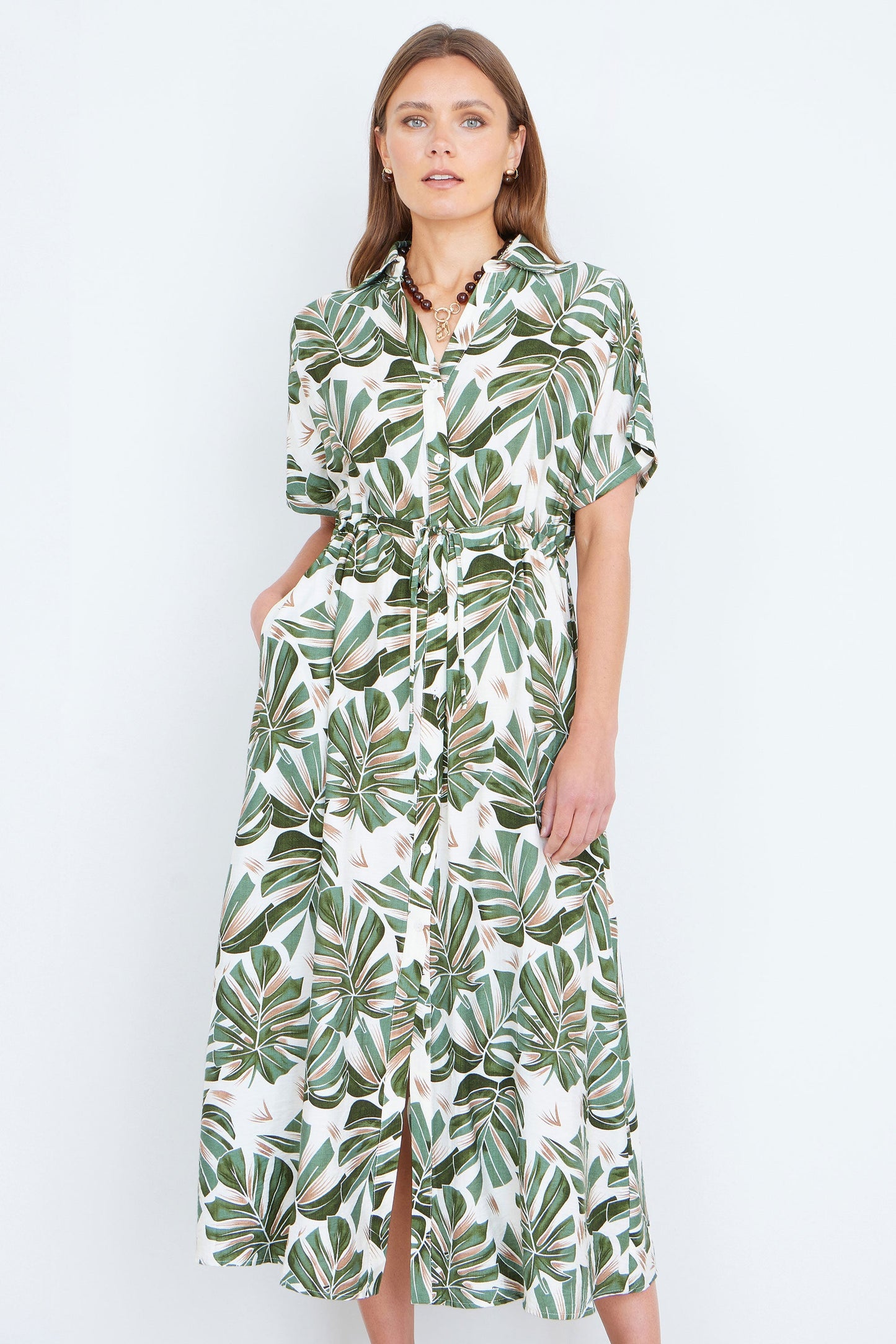 Yumi Green Viscose Leaf Print Relaxed Midi Dress