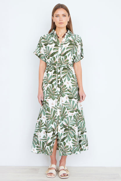 Yumi Green Viscose Leaf Print Relaxed Midi Dress