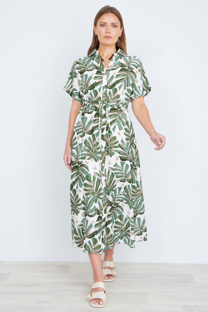 Yumi Green Viscose Leaf Print Relaxed Midi Dress