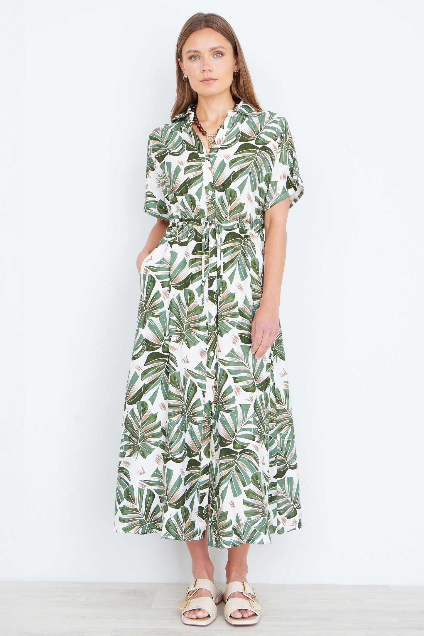 Yumi Green Viscose Leaf Print Relaxed Midi Dress