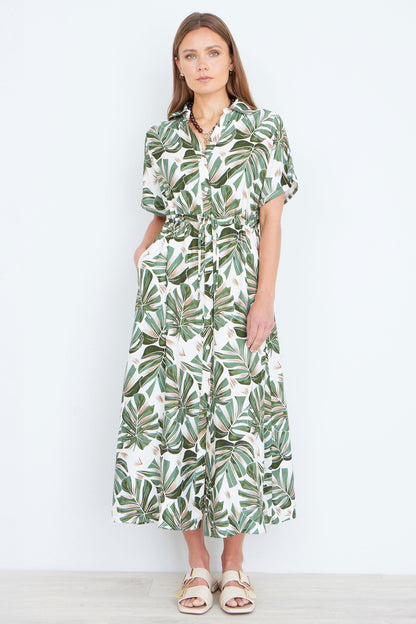 Yumi Green Viscose Leaf Print Relaxed Midi Dress