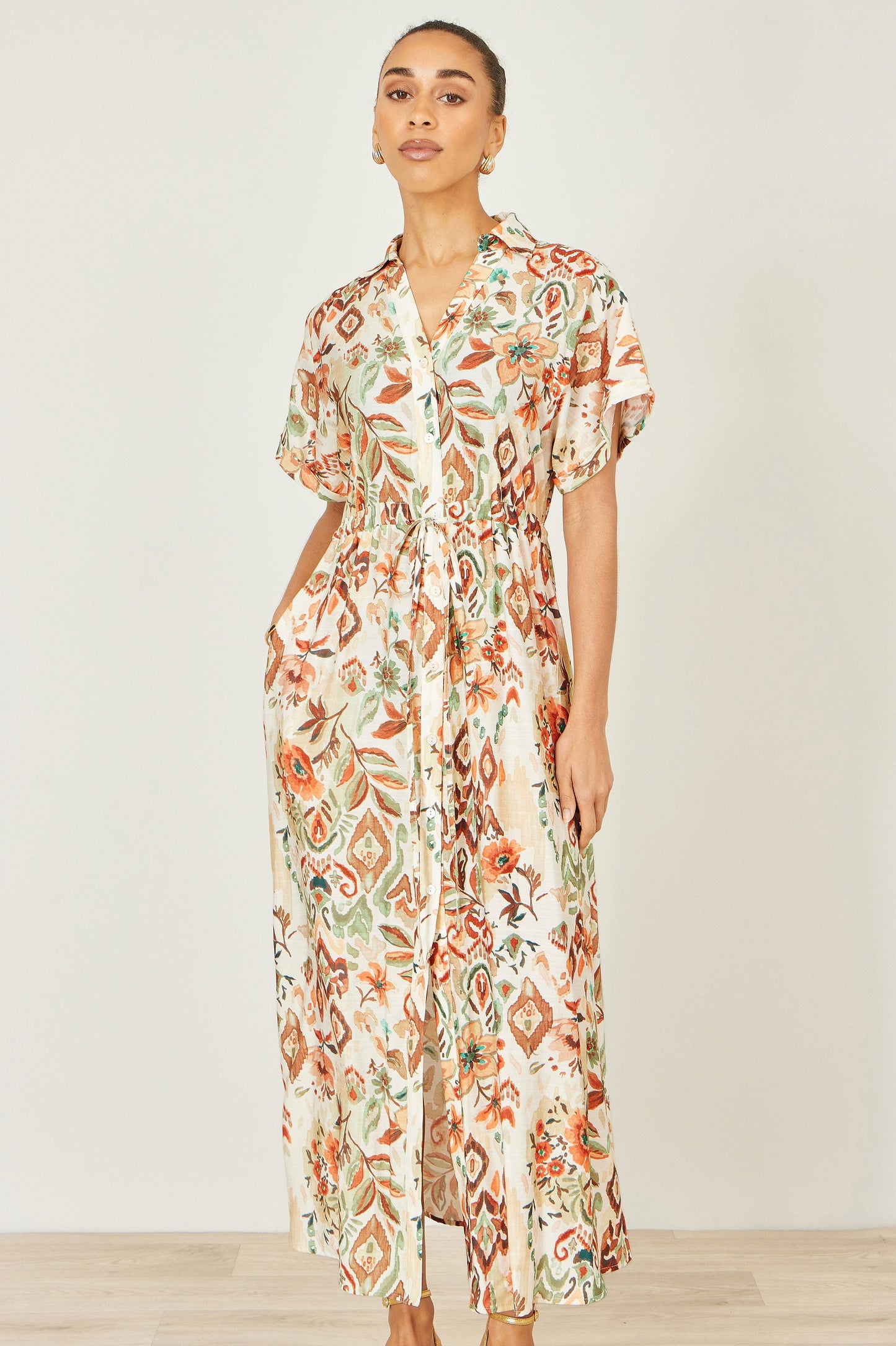 Yumi Ivory Viscose Relaxed Boho Print Maxi Shirt Dress