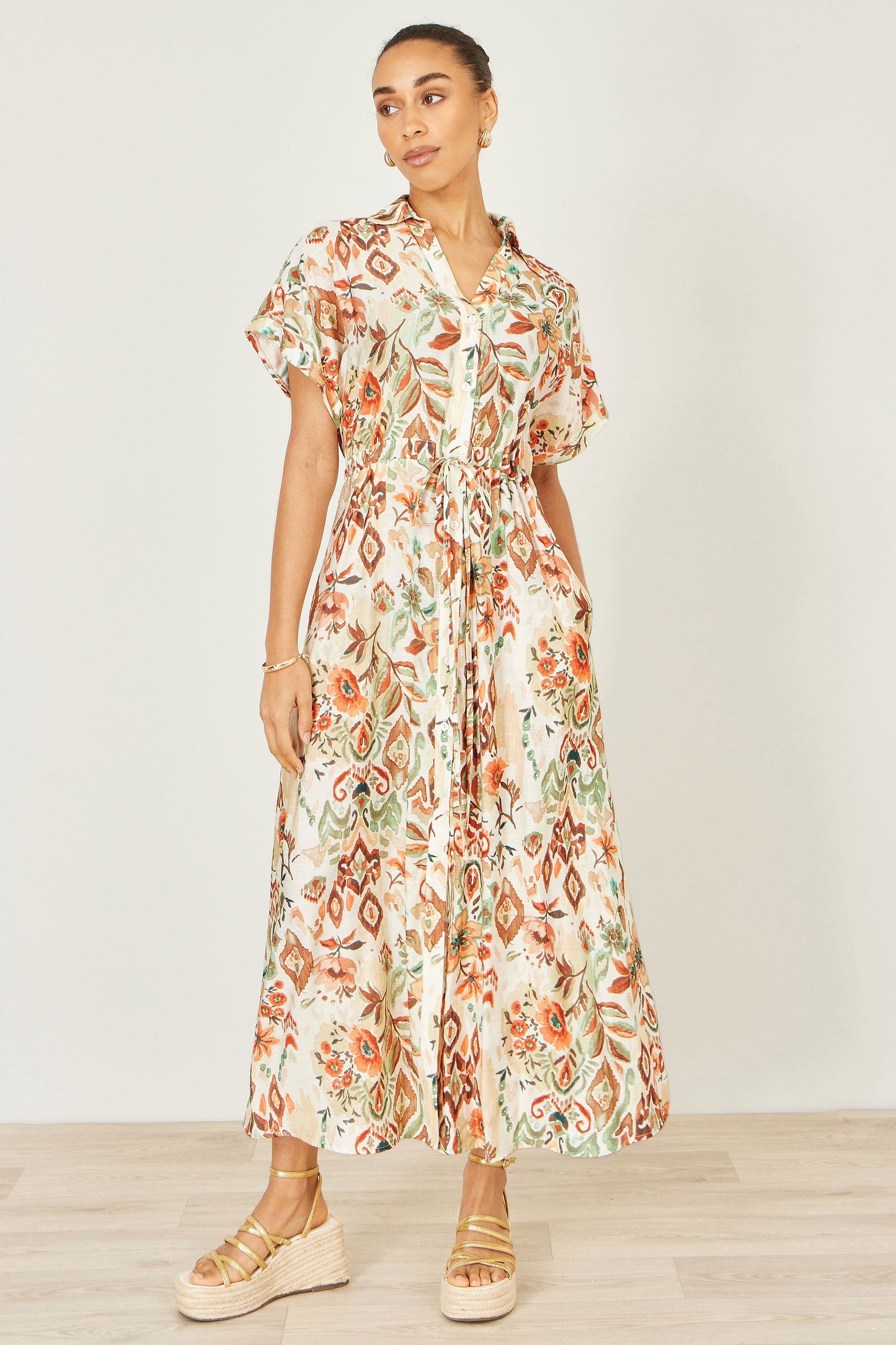 Yumi Ivory Viscose Relaxed Boho Print Maxi Shirt Dress