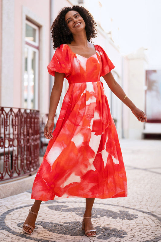 Yumi Red Viscose Floral Midi Dress With Puff Sleeves